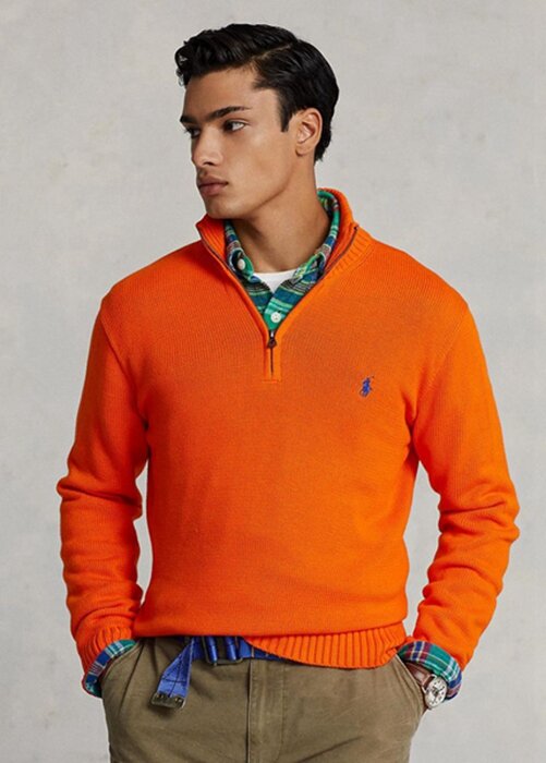 Oranžové pánské svetry Ralph Lauren Bavlněné se zapínáním na čtvrt zip Oranžové pánské svetry Ralph Lauren Bavlněné se zapínáním na čtvrt zip