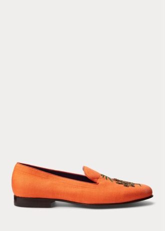 Oranžové pánské vyšívané lněné společenské boty Ralph Lauren Alonzo