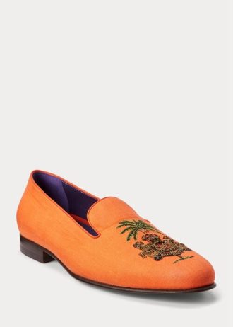 Oranžové pánské vyšívané lněné společenské boty Ralph Lauren Alonzo