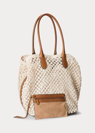 Pergamenové krémové dámské kožené háčkované kabelky Ralph Lauren velké kabelky Bellport