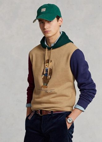 Pánská khaki mikina Ralph Lauren Polo Bear s barevným blokem fleecová mikina s kapucí
