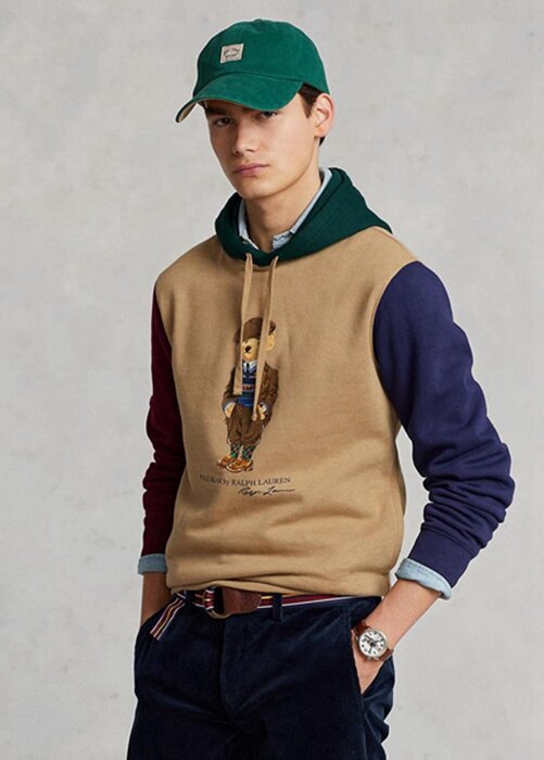 Pánská khaki mikina Ralph Lauren Polo Bear s barevným blokem fleecová mikina s kapucí Pánská khaki mikina Ralph Lauren Polo Bear s barevným blokem fleecová mikina s kapucí