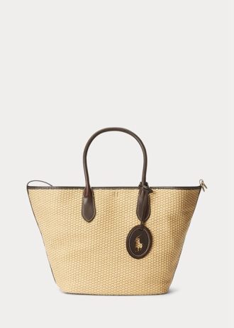 Přírodní dámské kabelky Ralph Lauren Leather-Trim Slaměné střední Bellport Tote Bags
