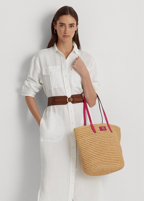 Přírodní/sportovní růžové dámské velké kabelky Brie Tote s koženým lemem Ralph Lauren Přírodní/sportovní růžové dámské velké kabelky Brie Tote s koženým lemem Ralph Lauren