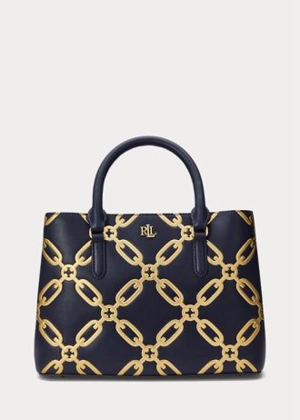 Rafinované námořnické/moderní zlaté dámské kožené brašny Ralph Lauren s fóliovým potiskem, střední Marcy