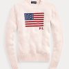 Růžové dámské bavlněné svetry Ralph Lauren Pink Pony Flag