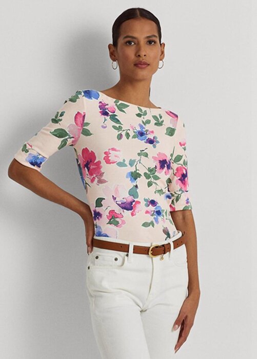 Růžová dámská bavlněná trička Ralph Lauren Floral Stretch Růžová dámská bavlněná trička Ralph Lauren Floral Stretch