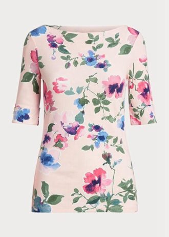 Růžová dámská bavlněná trička Ralph Lauren Floral Stretch