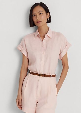 Růžové dámské lněné košile Dolman s rukávy Ralph Lauren Růžové dámské lněné košile Dolman s rukávy Ralph Lauren