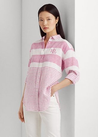 Růžové dámské pruhované oversize plátěné košile Ralph Lauren Růžové dámské pruhované oversize plátěné košile Ralph Lauren