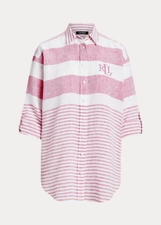 Růžové dámské pruhované oversize plátěné košile Ralph Lauren Růžové dámské pruhované oversize plátěné košile Ralph Lauren