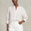Růžové dámské pruhované plátěné košile Ralph Lauren uvolněného střihu Růžové dámské pruhované plátěné košile Ralph Lauren uvolněného střihu