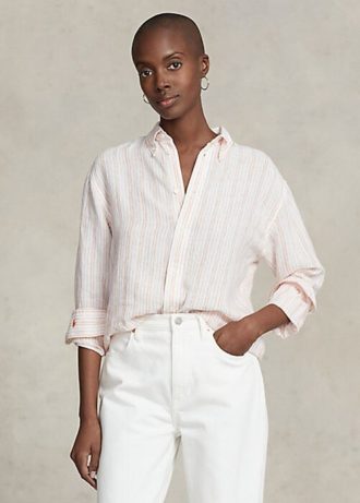 Růžové dámské pruhované plátěné košile Ralph Lauren uvolněného střihu Růžové dámské pruhované plátěné košile Ralph Lauren uvolněného střihu