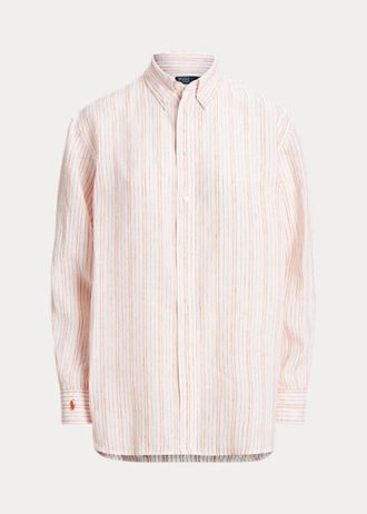 Růžové dámské pruhované plátěné košile Ralph Lauren uvolněného střihu Růžové dámské pruhované plátěné košile Ralph Lauren uvolněného střihu