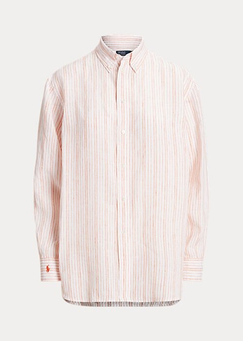 Růžové dámské pruhované plátěné košile Ralph Lauren uvolněného střihu Růžové dámské pruhované plátěné košile Ralph Lauren uvolněného střihu