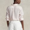 Růžové dámské pruhované plátěné košile Ralph Lauren uvolněného střihu Růžové dámské pruhované plátěné košile Ralph Lauren uvolněného střihu