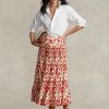 Růžové dámské saténové plisované midi sukně Ralph Lauren s potiskem Růžové dámské saténové plisované midi sukně Ralph Lauren s potiskem