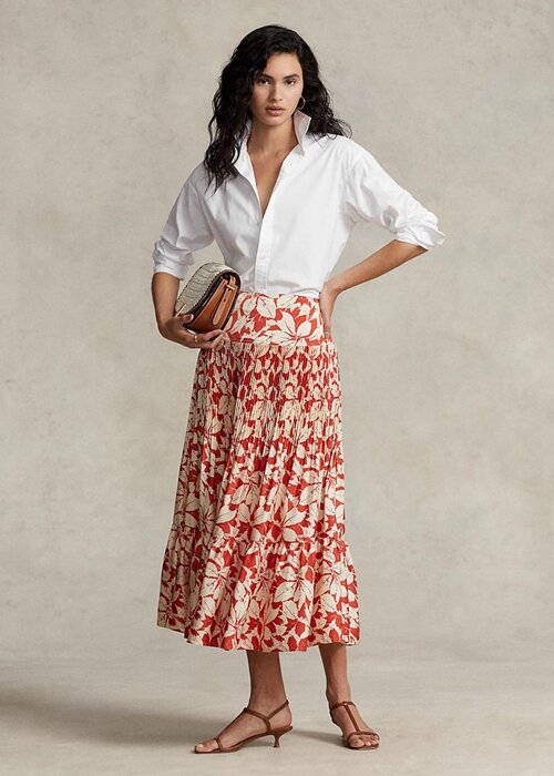 Růžové dámské saténové plisované midi sukně Ralph Lauren s potiskem Růžové dámské saténové plisované midi sukně Ralph Lauren s potiskem