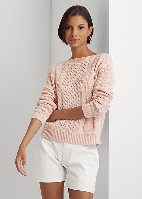 Růžové dámské svetry Ralph Lauren Aran-Knit z bavlny Růžové dámské svetry Ralph Lauren Aran-Knit z bavlny