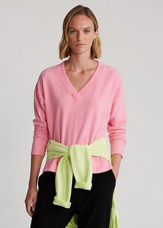 Růžové dámské svetry Ralph Lauren Jersey Jersey s výstřihem do V Růžové dámské svetry Ralph Lauren Jersey Jersey s výstřihem do V