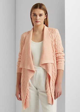 Růžové dámské svetry Ralph Lauren Lněný-Bavlněný kabel-Knit Cardigan Růžové dámské svetry Ralph Lauren Lněný-Bavlněný kabel-Knit Cardigan