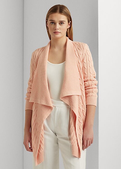 Růžové dámské svetry Ralph Lauren Lněný-Bavlněný kabel-Knit Cardigan Růžové dámské svetry Ralph Lauren Lněný-Bavlněný kabel-Knit Cardigan