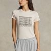 Růžová dámská štíhlá bavlněná trička Ralph Lauren s grafickým žebrováním