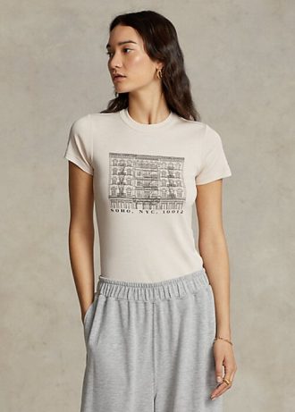 Růžová dámská štíhlá bavlněná trička Ralph Lauren s grafickým žebrováním