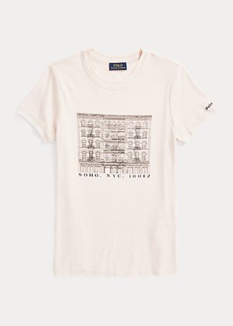 Růžová dámská štíhlá bavlněná trička Ralph Lauren s grafickým žebrováním