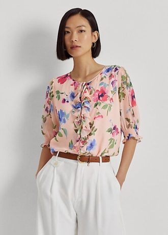 Růžové dámské topy halenky Ralph Lauren s květinovými vráskami Růžové dámské topy halenky Ralph Lauren s květinovými vráskami