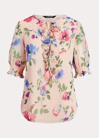 Růžové dámské topy halenky Ralph Lauren s květinovými vráskami Růžové dámské topy halenky Ralph Lauren s květinovými vráskami