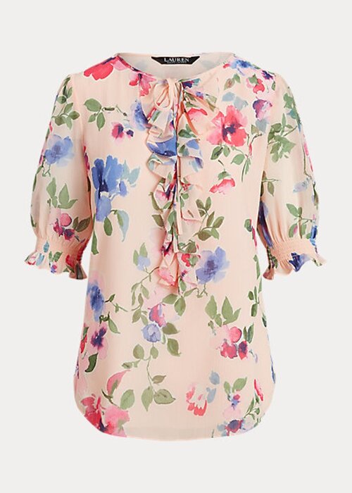 Růžové dámské topy halenky Ralph Lauren s květinovými vráskami Růžové dámské topy halenky Ralph Lauren s květinovými vráskami