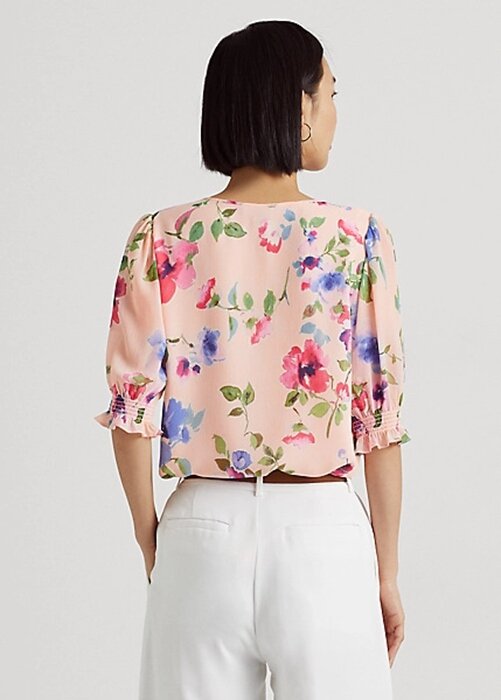 Růžové dámské topy halenky Ralph Lauren s květinovými vráskami Růžové dámské topy halenky Ralph Lauren s květinovými vráskami