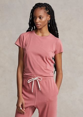 Růžová dámská trička Ralph Lauren z organické bavlny s výstřihem
