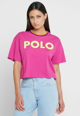 Růžová dámská trička s grafickým výstřihem Ralph Lauren Crew
