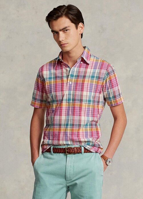 Růžové pánské popover košile Ralph Lauren Classic Fit Madras Růžové pánské popover košile Ralph Lauren Classic Fit Madras