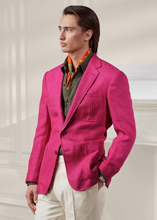 Růžové pánské sportovní blejzry Ralph Lauren Kent v košilkové vazbě ze lnu a hedvábí Růžové pánské sportovní blejzry Ralph Lauren Kent v košilkové vazbě ze lnu a hedvábí