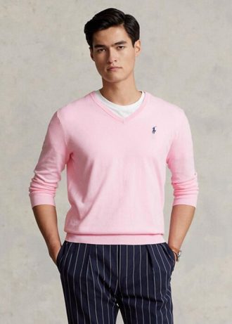 Růžové pánské svetry Ralph Lauren Slim Fit s texturou z bavlny Růžové pánské svetry Ralph Lauren Slim Fit s texturou z bavlny