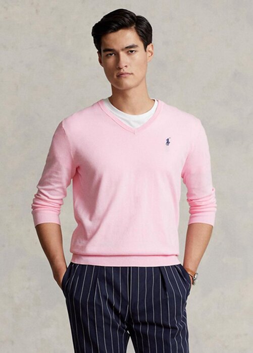Růžové pánské svetry Ralph Lauren Slim Fit s texturou z bavlny Růžové pánské svetry Ralph Lauren Slim Fit s texturou z bavlny