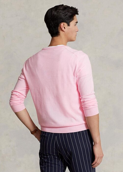 Růžové pánské svetry Ralph Lauren Slim Fit s texturou z bavlny Růžové pánské svetry Ralph Lauren Slim Fit s texturou z bavlny