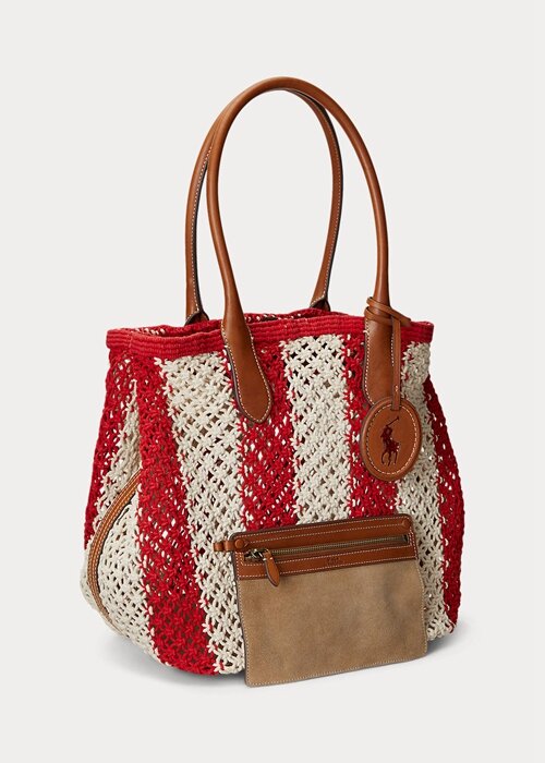 Ruby/Natural Dámské pruhované tkané velké kabelky Bellport Ralph Lauren Ruby/Natural Dámské pruhované tkané velké kabelky Bellport Ralph Lauren
