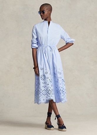 Světle modré dámské šaty Ralph Lauren s vyšívaným očkem