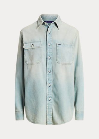 Světle modré dámské bavlněné džínové košile Ralph Lauren Tamia Světle modré dámské bavlněné džínové košile Ralph Lauren Tamia