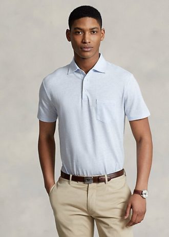 Světle modré pánské Slim Fit bavlněno-lněné polokošile Ralph Lauren Custom Světle modré pánské Slim Fit bavlněno-lněné polokošile Ralph Lauren Custom