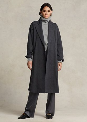 Tmavě šedé dámské flanelové zavinovací kabáty Ralph Lauren Tmavě šedé dámské flanelové zavinovací kabáty Ralph Lauren
