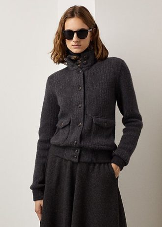 Tmavě šedé dámské kostkované kašmírové bundy Ralph Lauren Glen