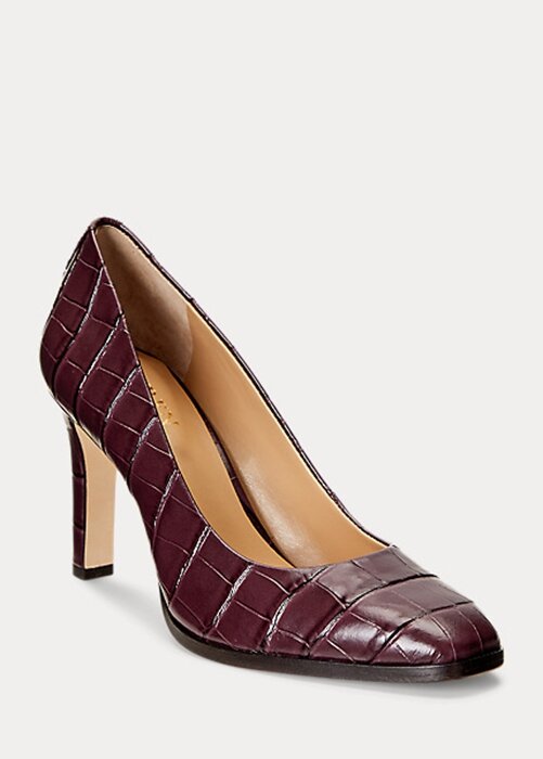 Tmavě červené dámské embosované kožené podpatky Ralph Lauren Camila Tmavě červené dámské embosované kožené podpatky Ralph Lauren Camila