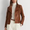 Tmavě hnědé dámské kožené moto bundy Ralph Lauren