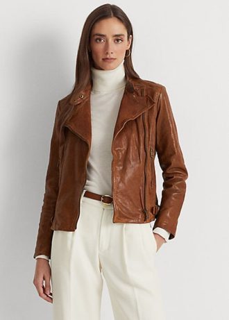 Tmavě hnědé dámské kožené moto bundy Ralph Lauren