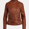 Tmavě hnědé dámské kožené moto bundy Ralph Lauren